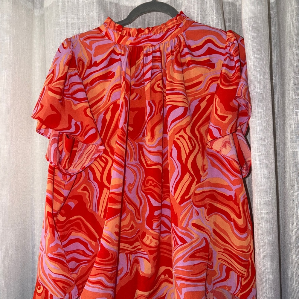 THML Blouse Ruffle Collar and flutter sleeves Red and Pink Swirl Blouse